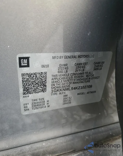 2019 GMC Acadia Slt-1 z USA, uszkodzony, nr VIN 1GKKNMLS4KZ102709